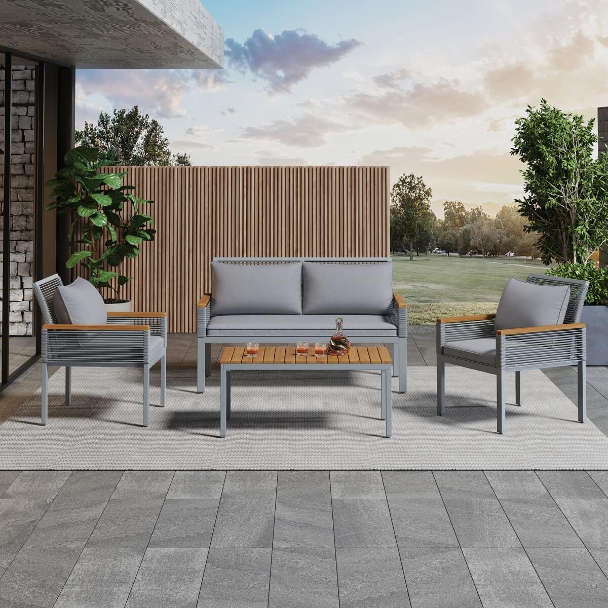 Garden Furniture Set with Cushions – Rattan Outdoor Lounge, Double Sofa, 2 Armchairs & Table