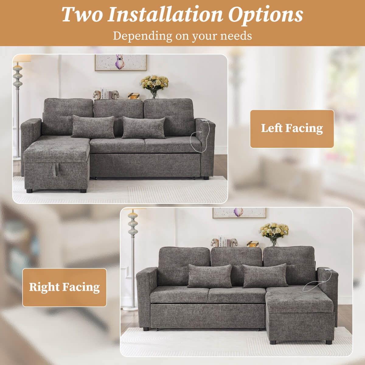3-in-1 L-Shaped Sofa Bed - Grey Chenille Sectional Sleeper with Storage Chaise and USB/Type-C Charging