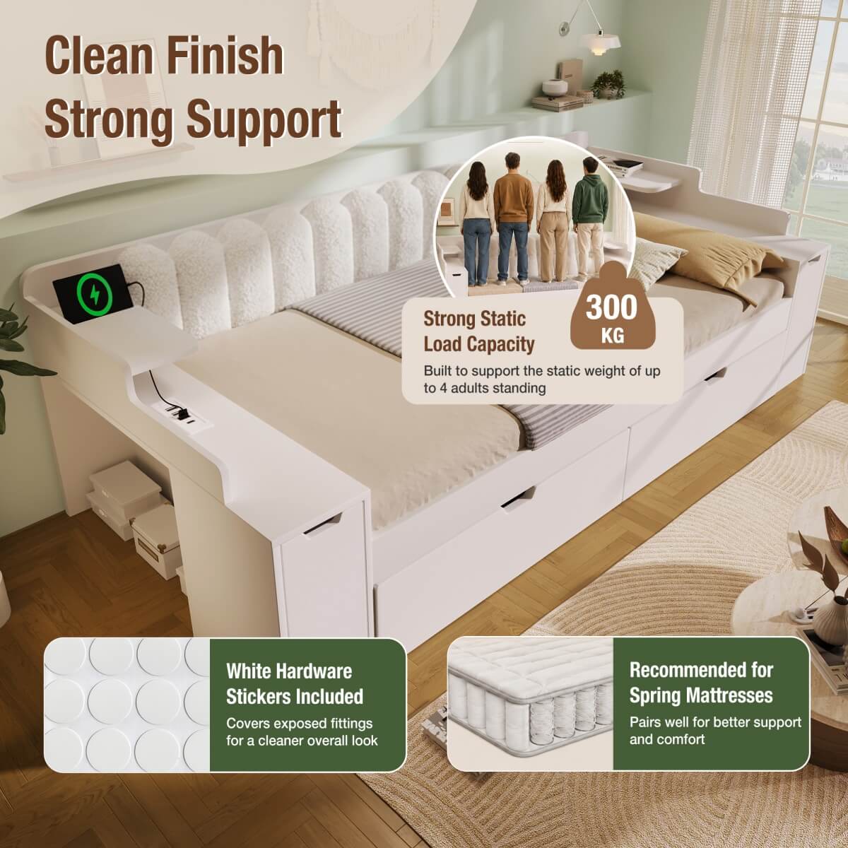 3ft Single Wooden Daybed with Pull-Out Trundle - Sofa Bed with Storage Cabinet and USB and Type-C Charging Station, White