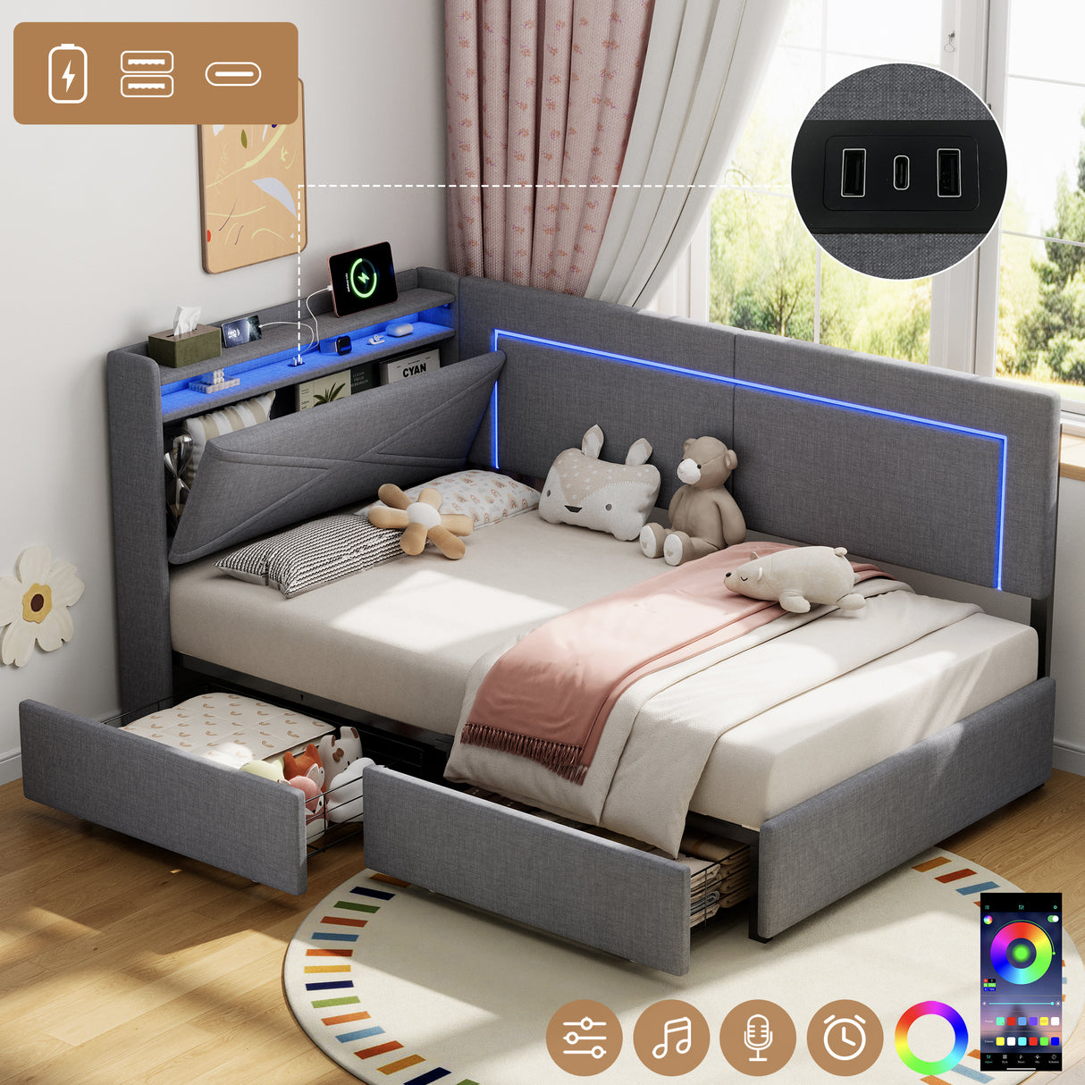 3ft Single Daybed with Two Storage Drawers, LED Concealed Headboard Storage with Charging Station, Modern Linen Sofa Bed for Living Room/ Bedroom/ Study Room, 90X190cm, Grey (No Mattress)