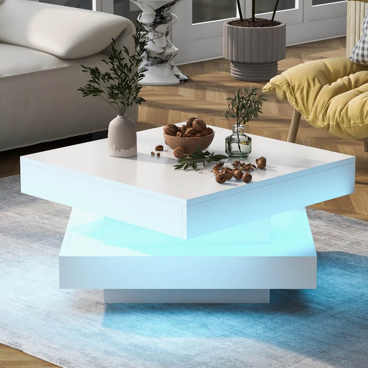 White High Gloss Coffee Table with 360¡ã Rotating Top & LED