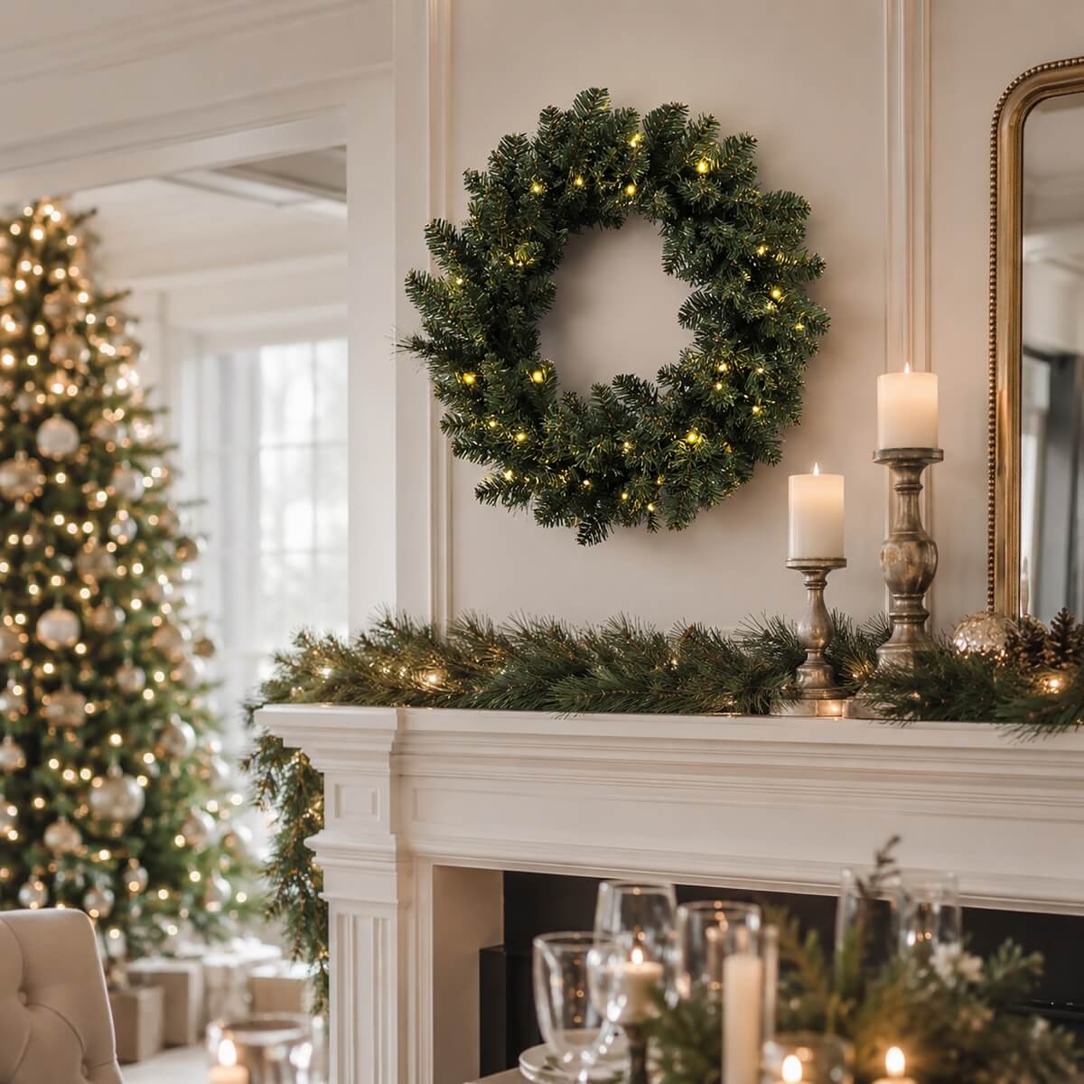 Artificial Christmas Wreath - Realistic PVC Foliage Wreath with Pre-Lit LED Lights for Festive Home & Door Decoration