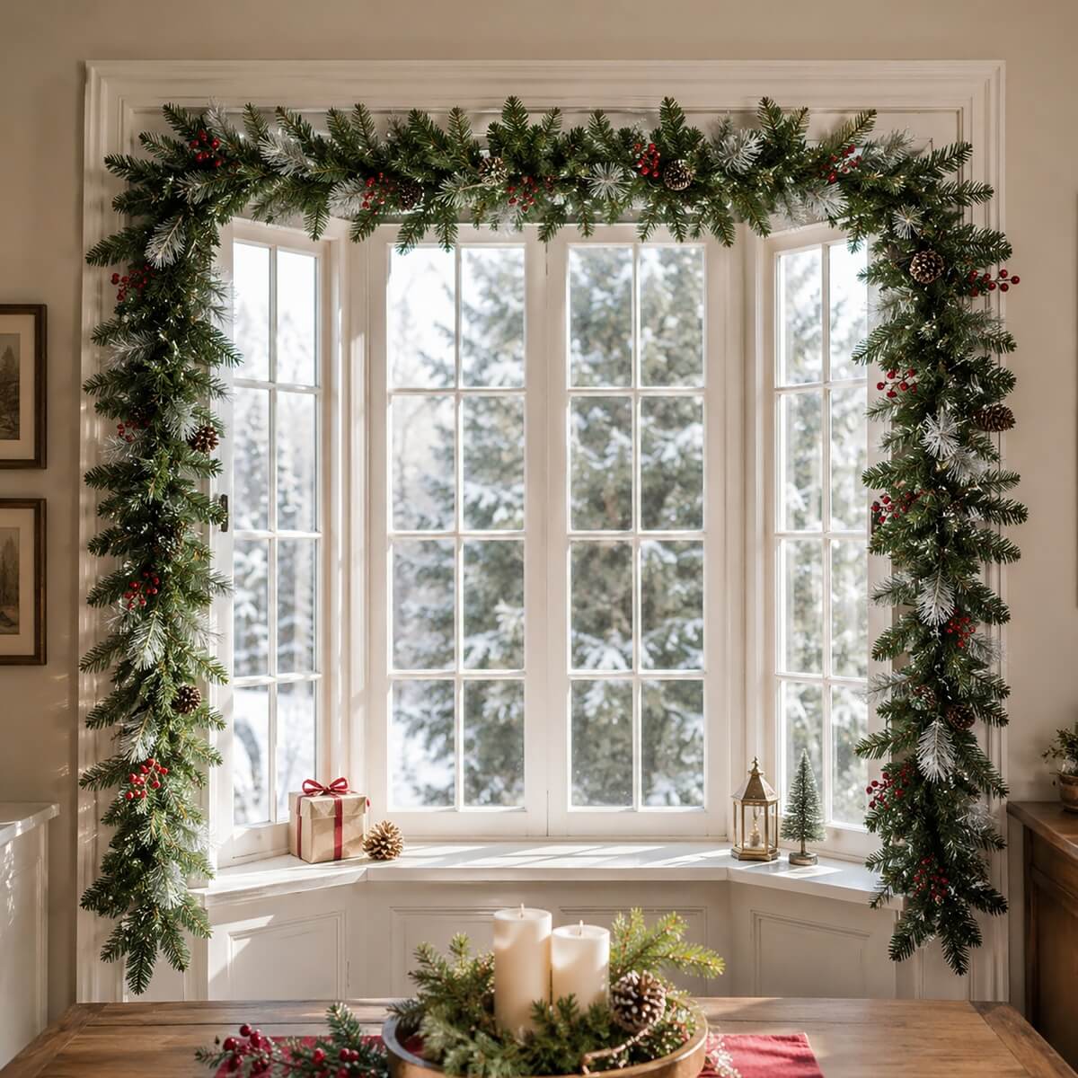 Festive PVC Christmas Garland - Pine Cones & Red Berries with Pre-Lit LED Lights