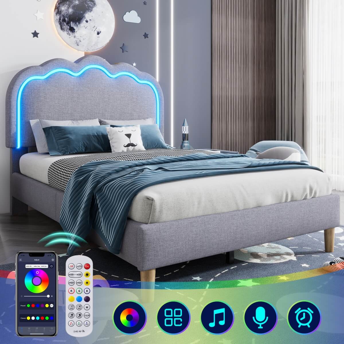 3ft Single Upholstered Bed with LED Lights - Linen Bed Frame with Adjustable Headboard, Grey