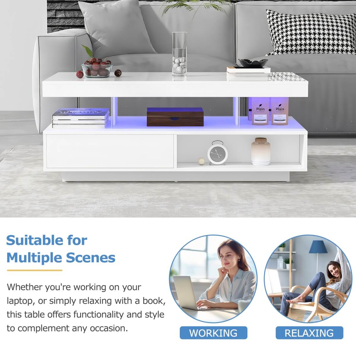 LED Coffee Table with Storage - High Gloss Centre Table with 2 Drawers, White