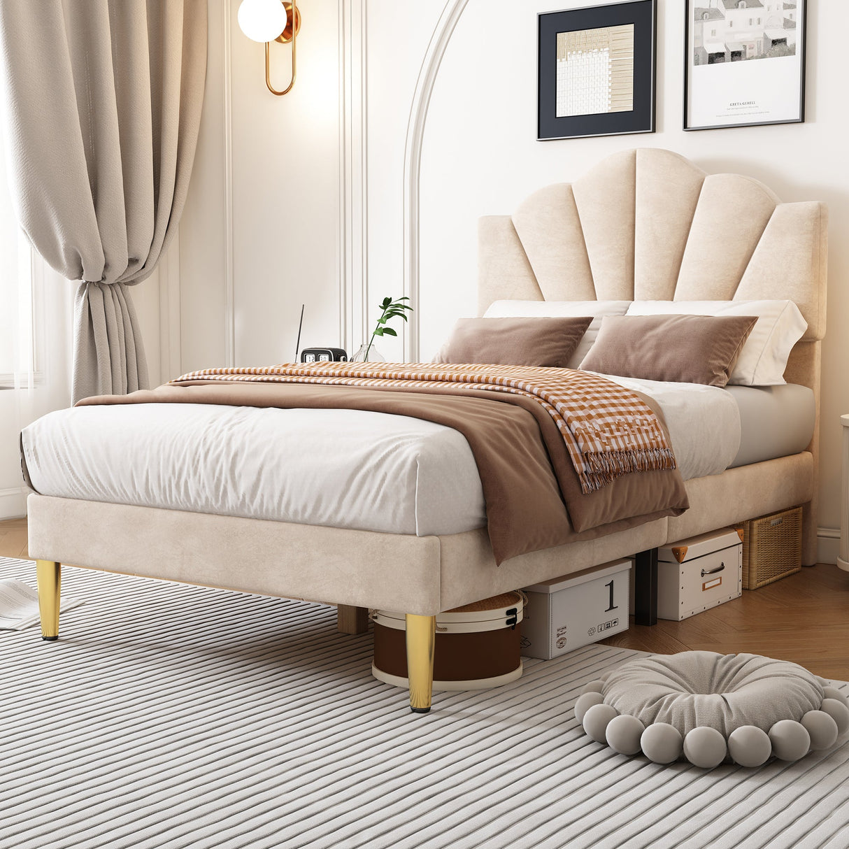 Velvet Upholstered Single Bed, 3ft Shell-Like with Golden Iron Legs and Wooden Slatted Frame, Beige