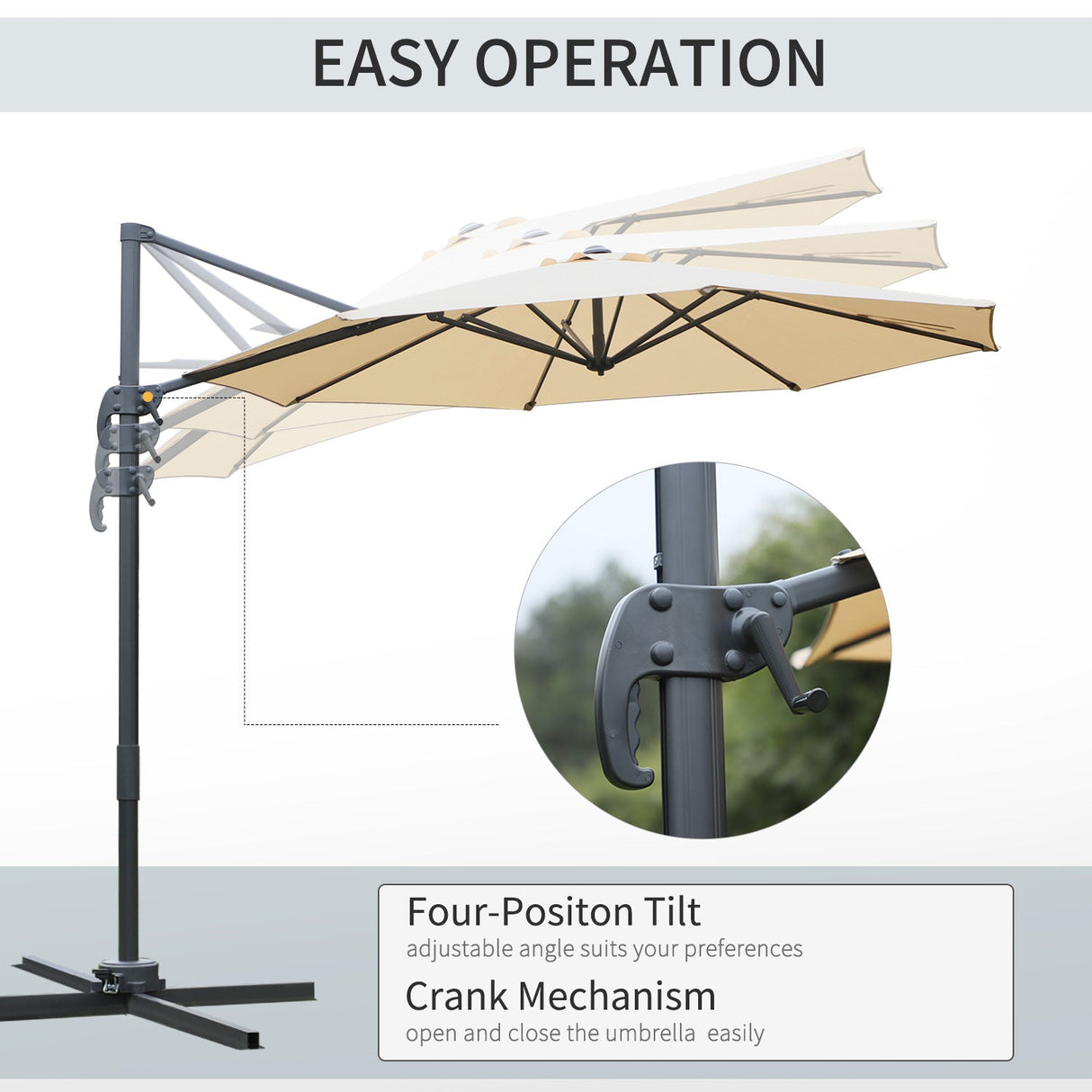 Outsunny Round Umbrella Parasol W/ Tilt 360¡ã Rotation and Hand Crank Cross Base-Beige