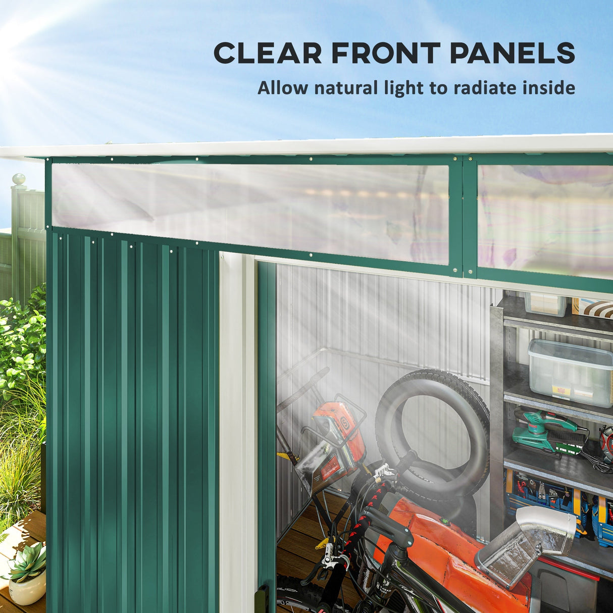 Metal Shed 8.5 x 6ft, Lightsky Panels Garden Storage Tool House Double Doors, Green