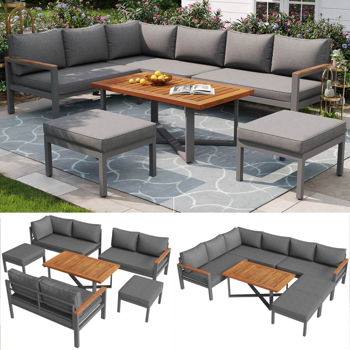 7-8 Seater Rattan Garden Furniture Set - L Shaped Corner Sofa with Coffee Table and Stools, Grey