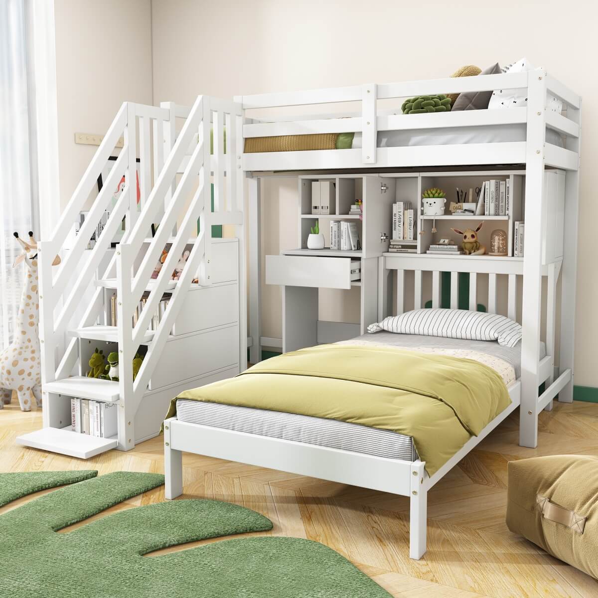 Kids Wooden Bunk Bed with Desk & Storage - 3ft Cabin Bed Frame, White