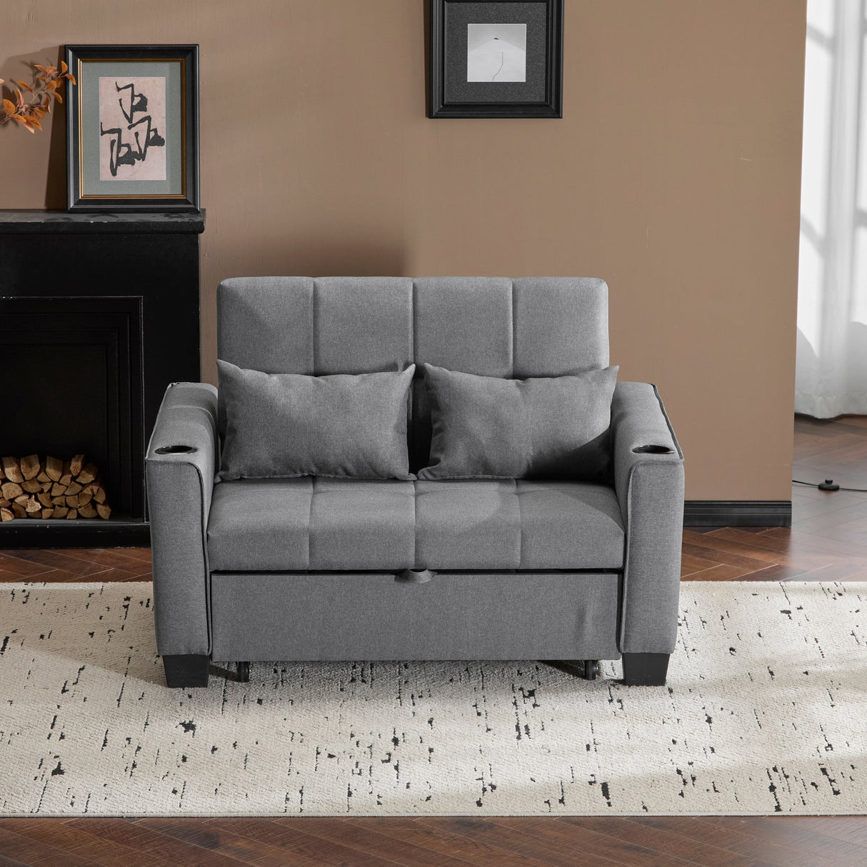 2 Seater Sofa Bed with Cup Holders, Pull Out Sleeper Sofa, Grey Fabric