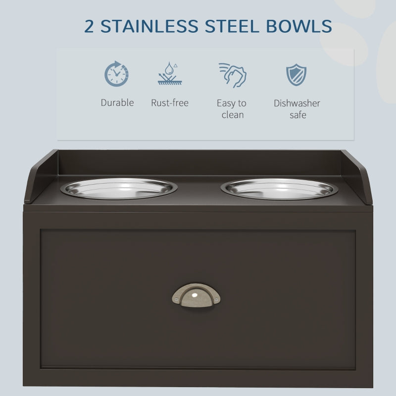 Raised Dog Bowls, Stainless Steel with 21L Storage Drawer for Large Dogs - Brown