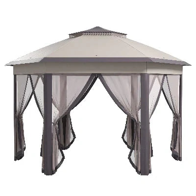 Garden Gazebo Hexagon Pop Up Tent Double Roof Instant Shelter with Netting, Beige