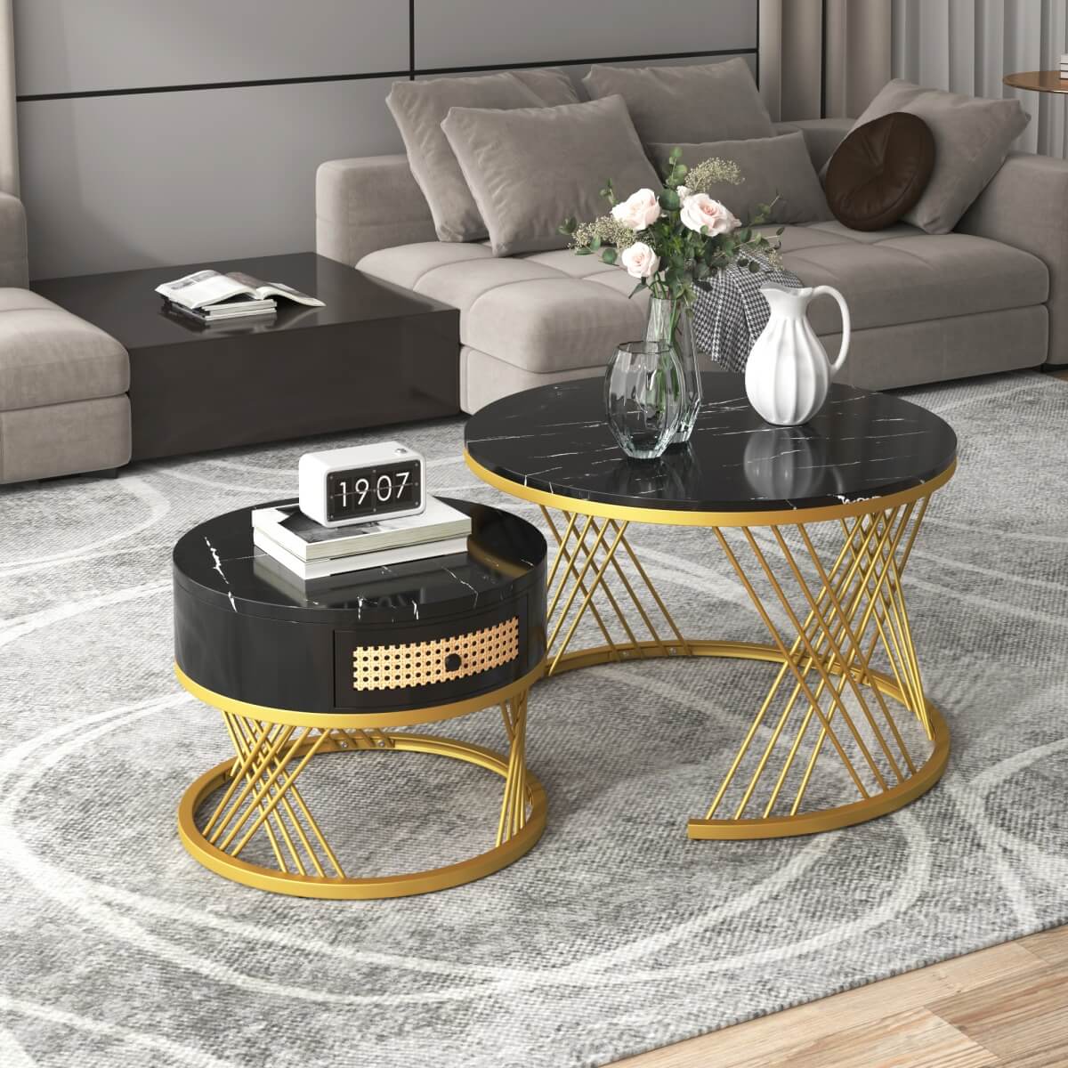 2 in 1 Round Coffee Table Set - Marble Effect Top, Rattan Drawers, Gold Metal Legs
