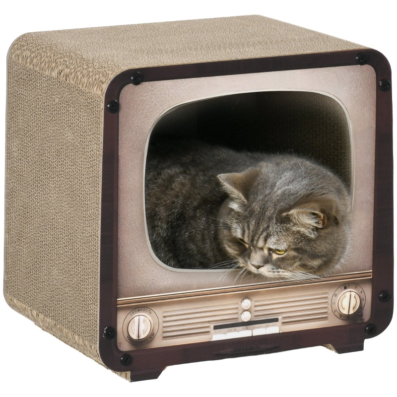 TV Shape Cat Scratching Board House, 2-in-1, with Catnip for Indoor Cats, Brown