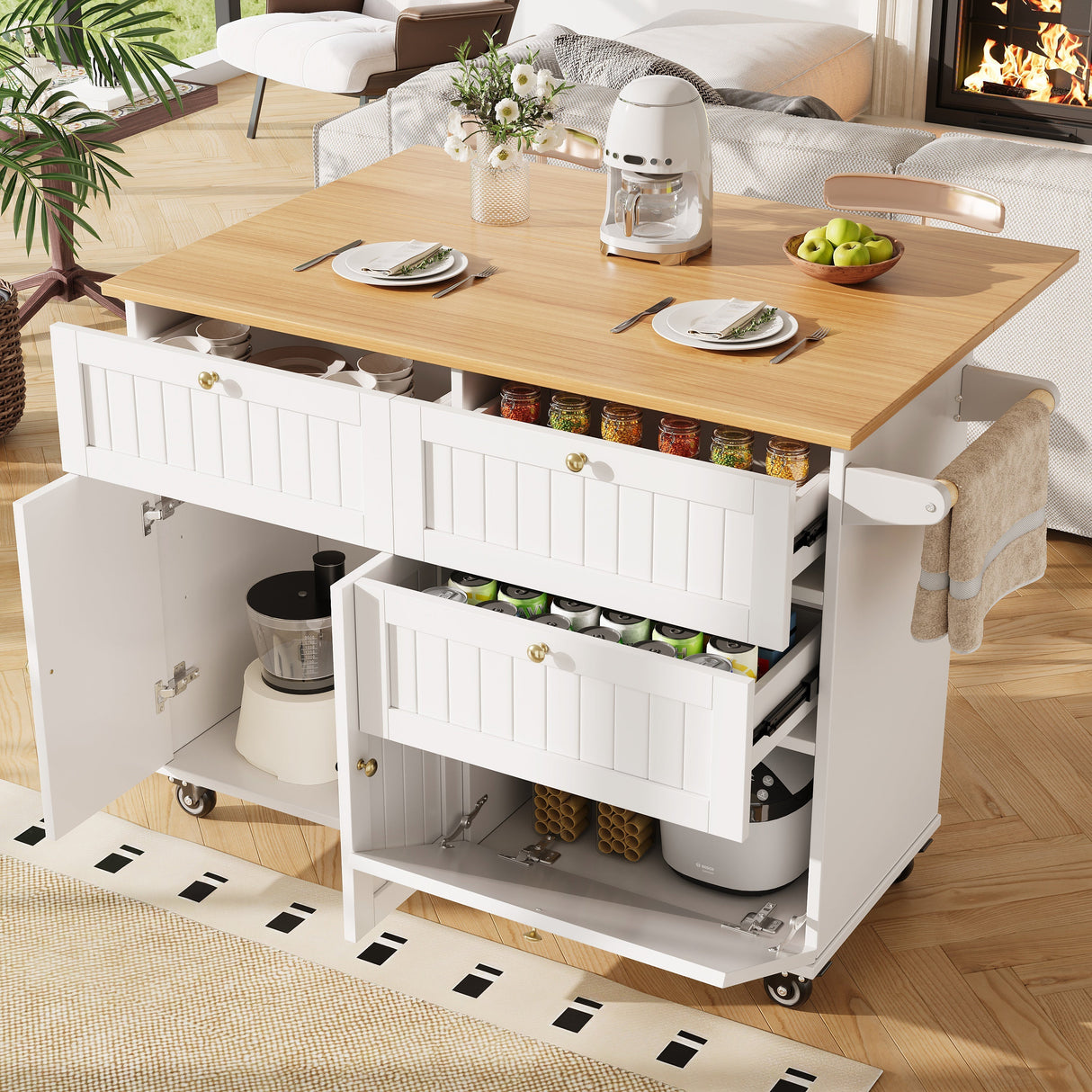 Kitchen Island, Rolling Mobile with Drawer and Storage Cabinet, Drop Leaf, Breakfast Bar, Towel Rack, White
