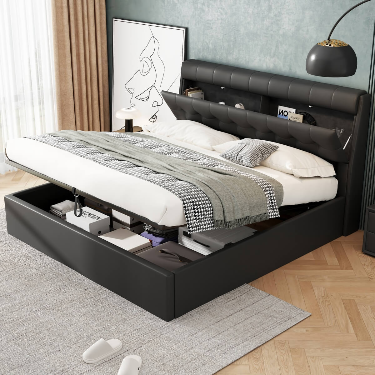 4ft6 Double Upholstered Bed – PU Hydraulic Bed with Concealed Headboard & Bed Box Storage