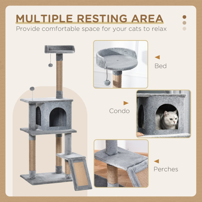 Cat Tree Tower 142cm Climbing Activity Center with Jute Scratching Post, Grey