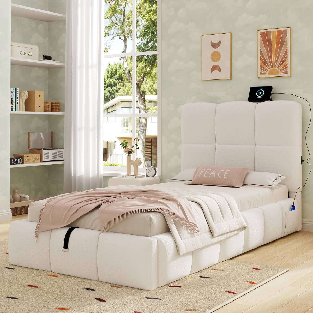 3ft Bouclé Upholstered Storage Bed - Single Hydraulic Bed with Headboard, Beige