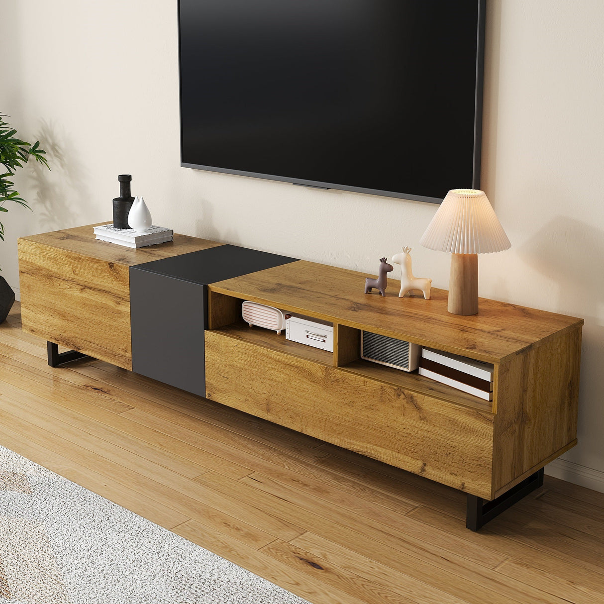 Colorblock TV Cabinet, Three Doors Two Compartments U-Shaped Legs, Retro Wood Grain