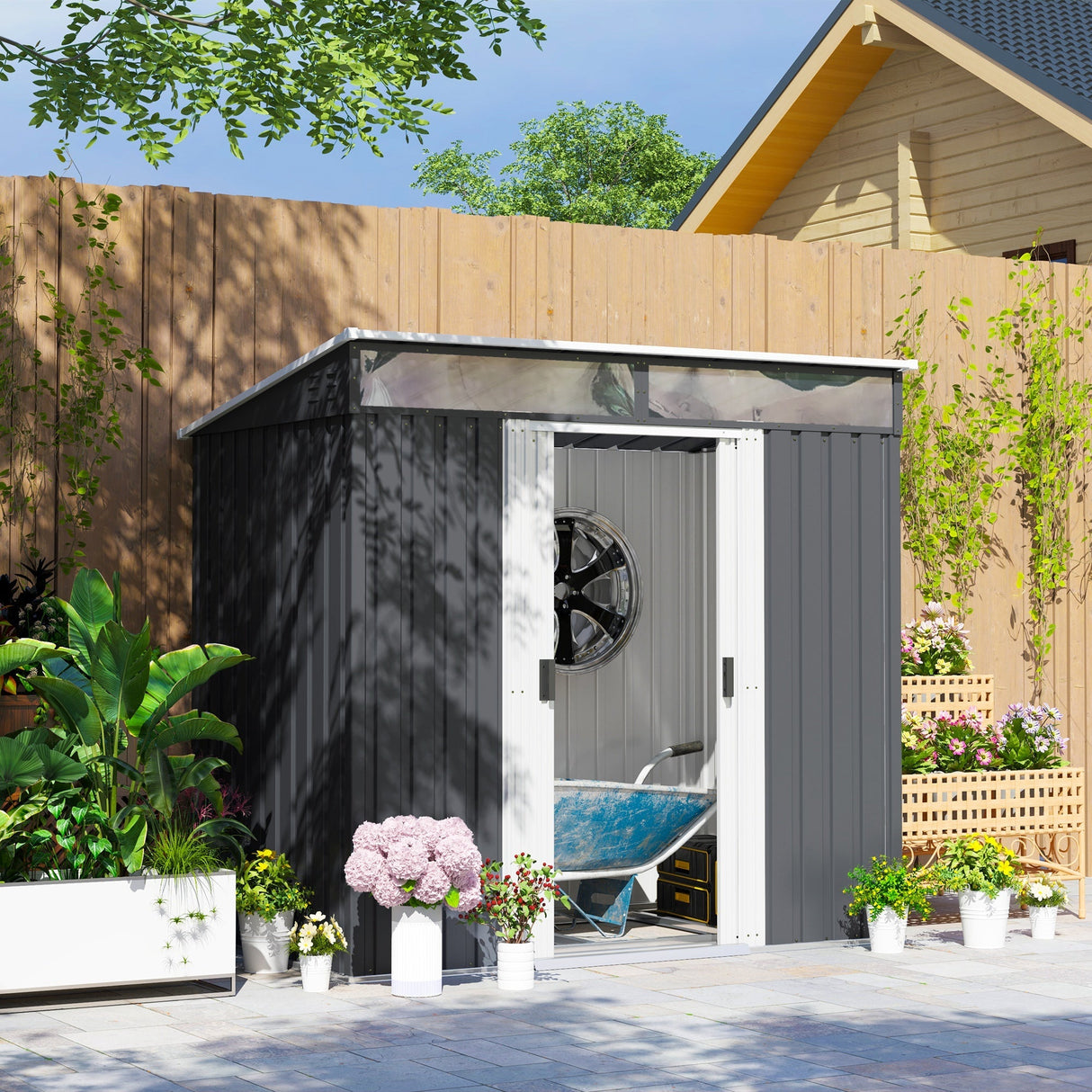 Galvanised Metal Shed with Foundation Kit, Lockable Tool Garden with Double Sliding Doors, Vents, Grey