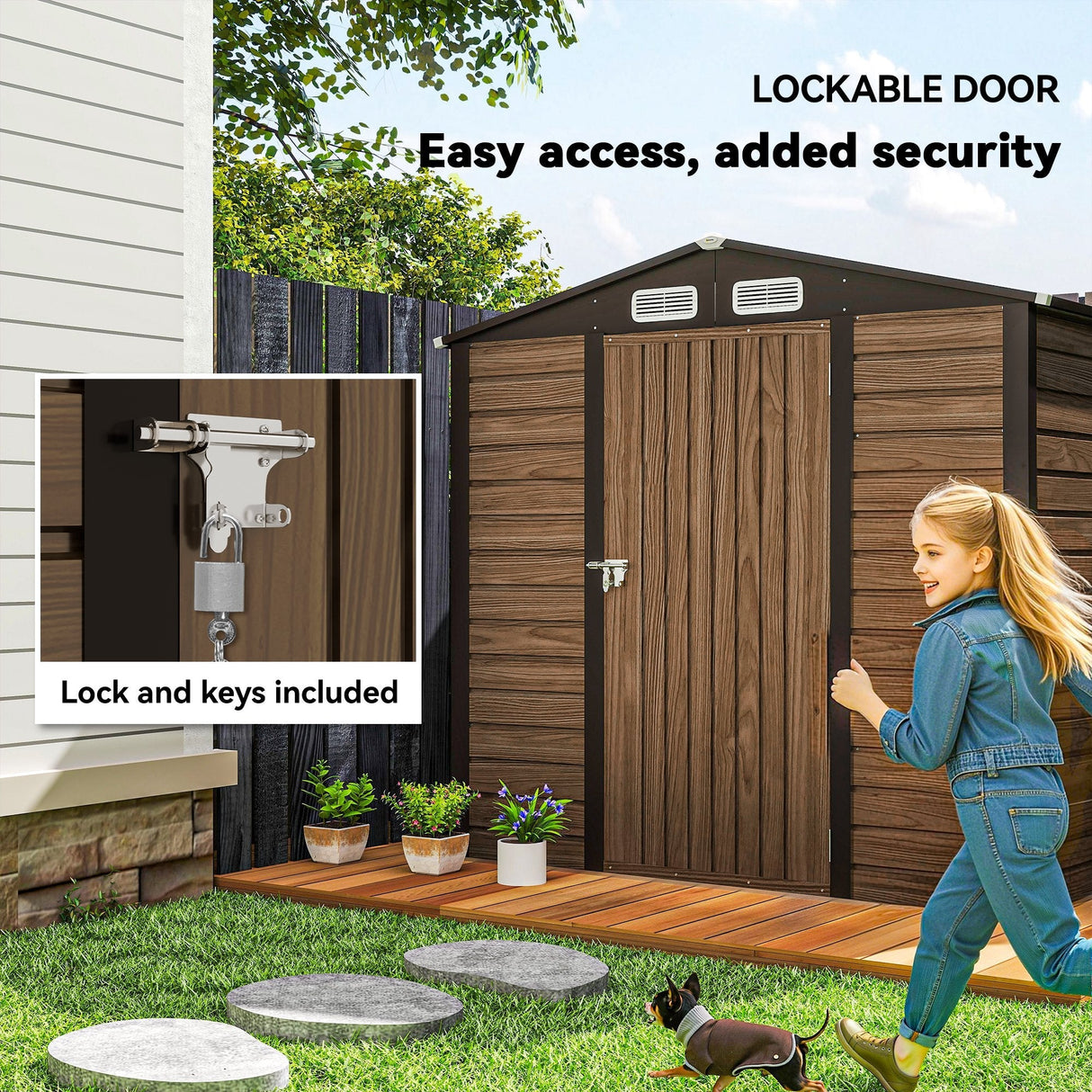 Garden Shed, 4 x 6ft Galvanised Steel with Lock and Gloves - Oak