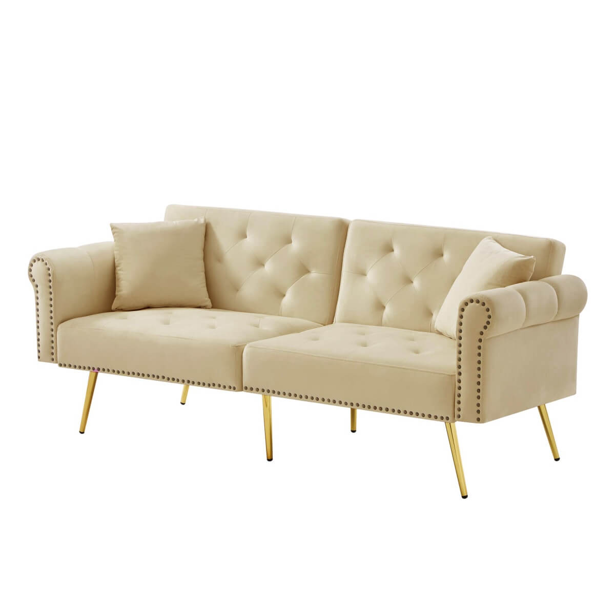 2-Seater Modern Sofa Bed – Velvet Upholstery with 3-Stage Adjustable Backrest and Gold Metal Feet, Space-Saving Convertible Sofa for Small Spaces