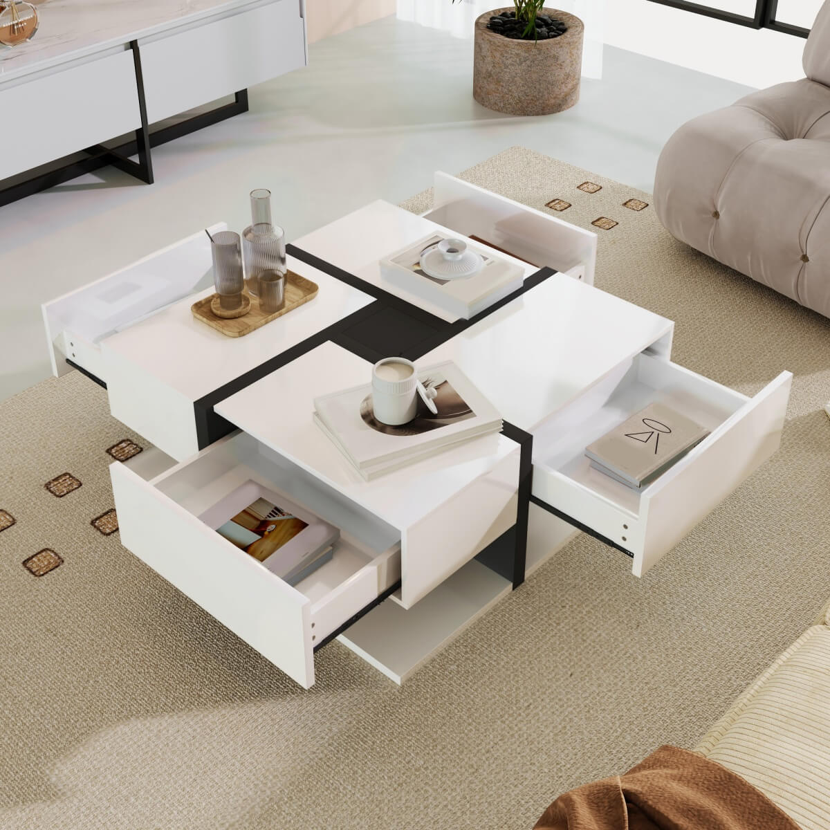 Modern Coffee Table with 4 Drawers - Unique Two-Tone Design and Bottom Storage Space