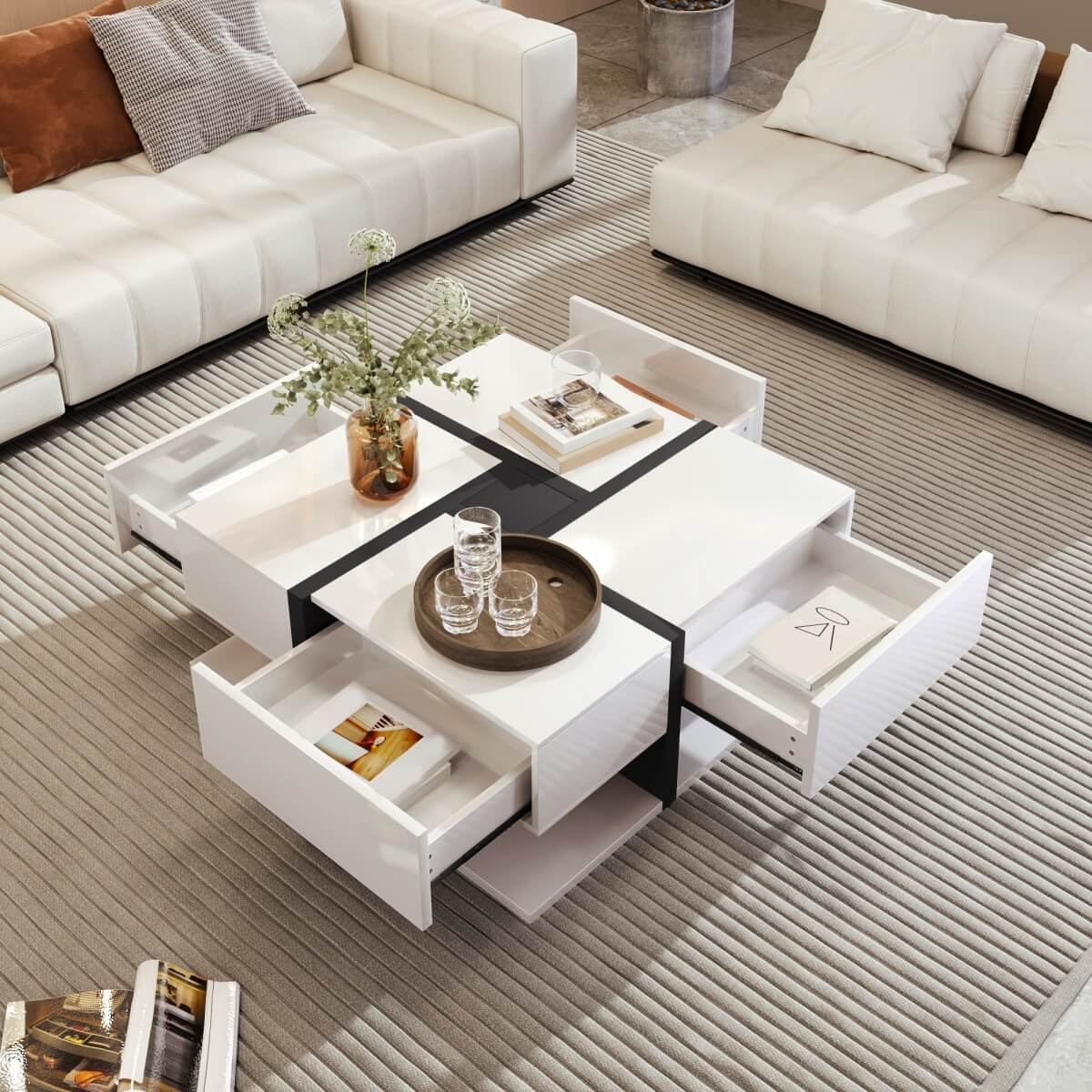 Modern Coffee Table with 4 Drawers - Unique Two-Tone Design and Bottom Storage Space
