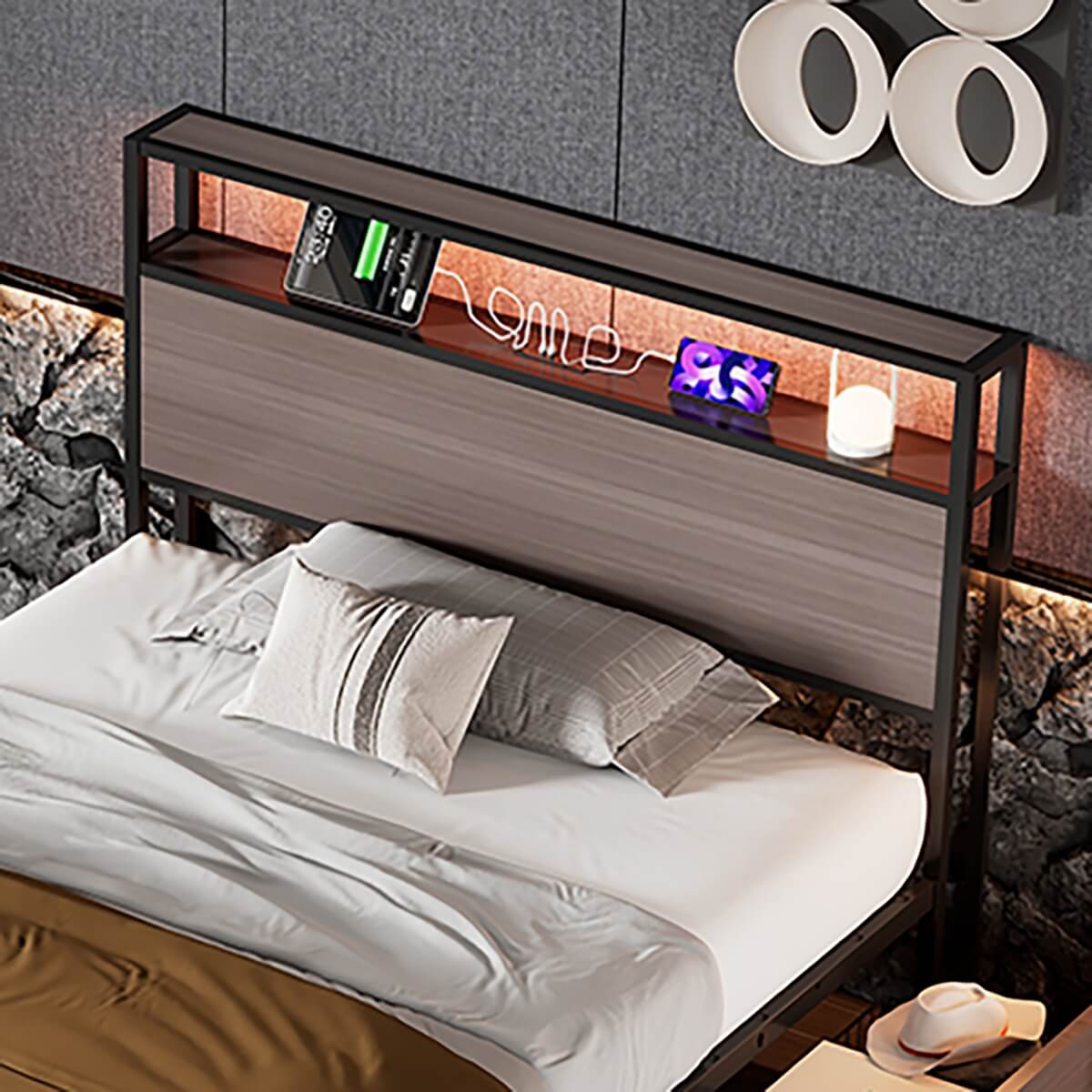 3FT Metal Bed Frame with LED Lights & 4 Drawers - Single Storage Bed with USB & Type-C Charging, Grey