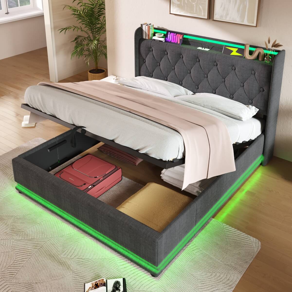 4ft6 Double Ottoman Bed – Grey Linen Upholstered Bed with 360° LED Lighting, Hydraulic Storage and USB Charging