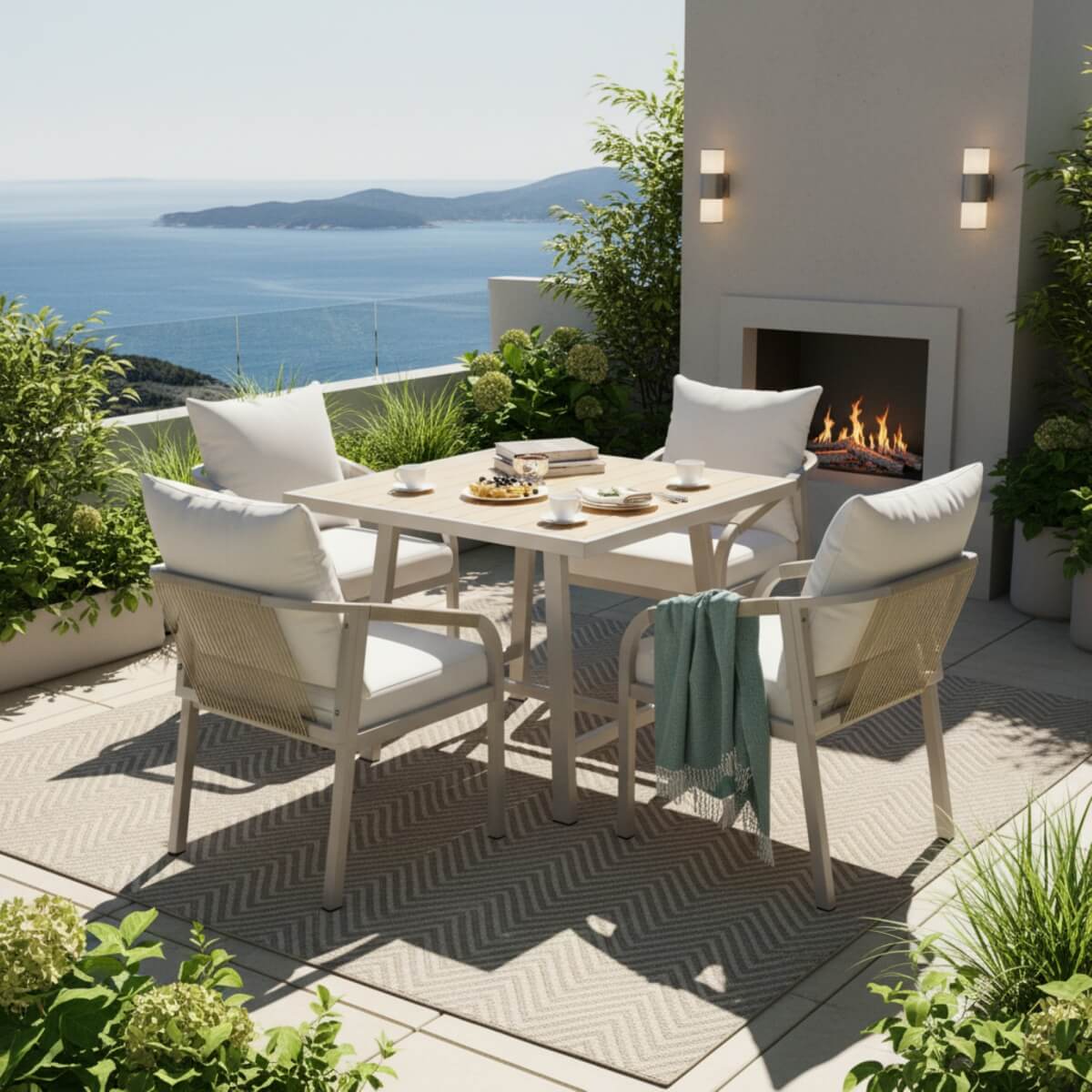 4 Seater Garden Dining Set - Outdoor Patio Table and Chairs with Umbrella Hole, Beige