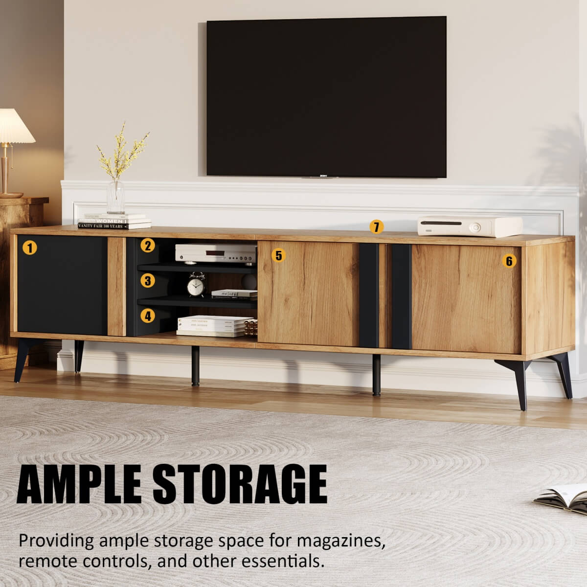 TV Unit for TVs up to 80 Inches - Industrial TV Stand with 3 Storage Cabinets, 3 Open Shelves and Steel Frame, Brown and Black