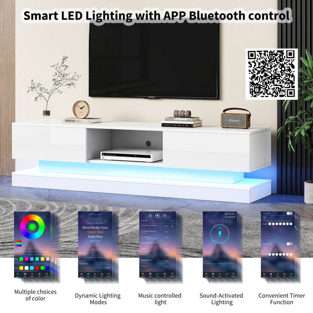 160cm High Gloss LED TV Stand - White TV Cabinet with 2 Drawers & Open Storage
