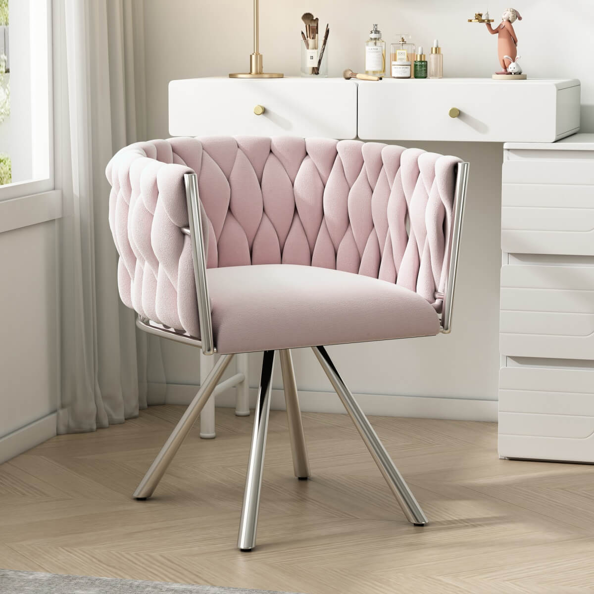 Velvet Swivel Dining Chair – Luxury Single Chair with Metal Legs for Living Room & Bedroom, Pink
