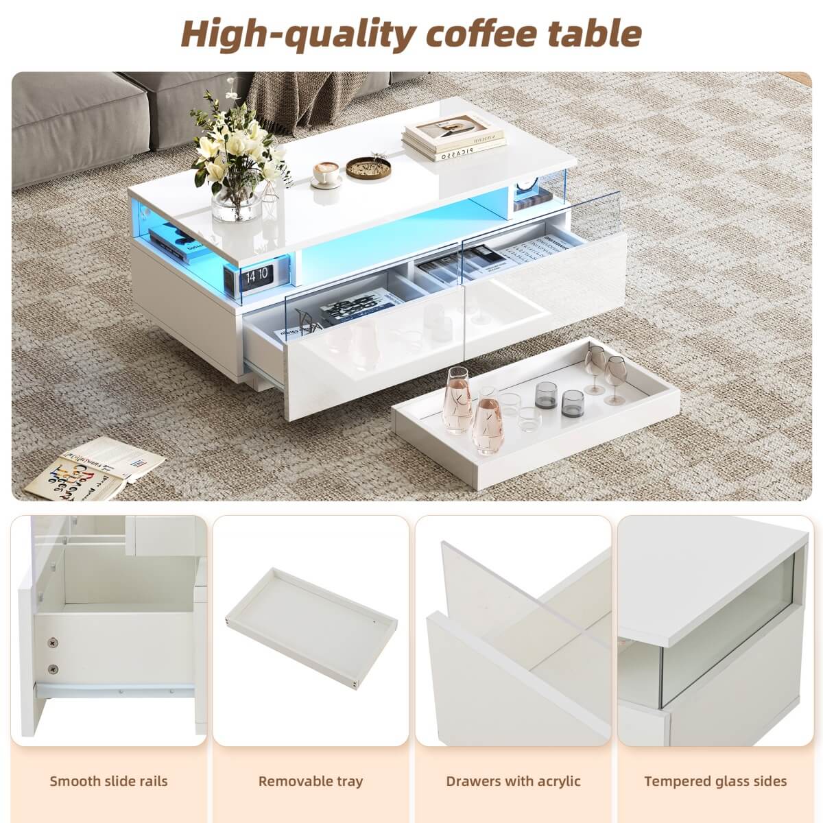 High Gloss Coffee Table – White Centre Table with 2 Drawers, LED Lights and Pull-Out Tray