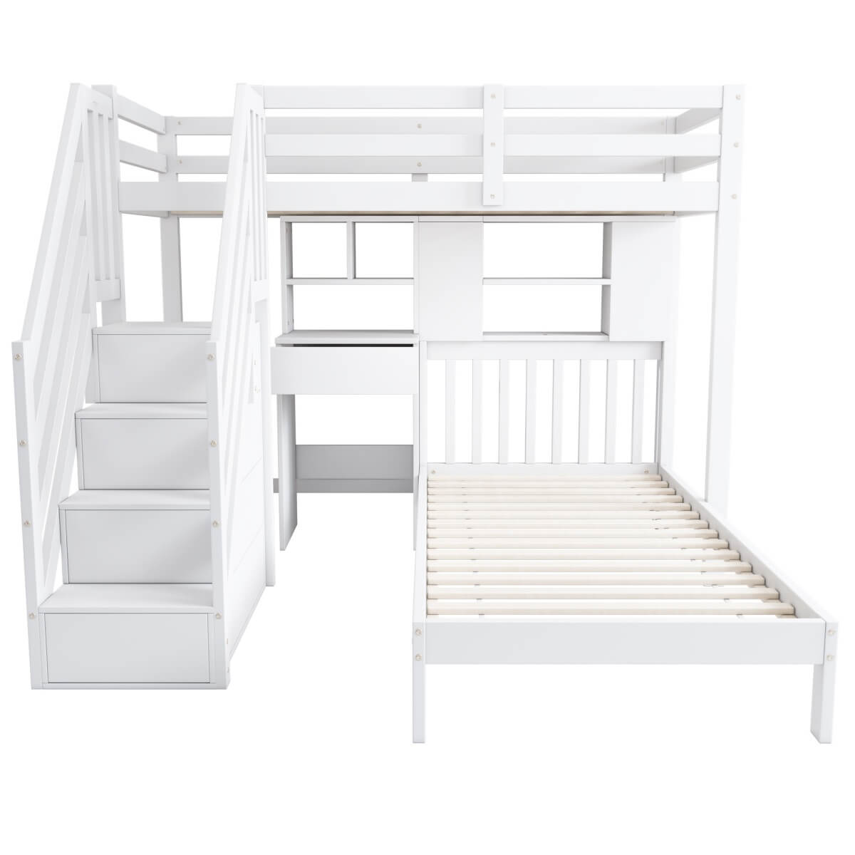 Kids Wooden Bunk Bed with Desk & Storage - 3ft Cabin Bed Frame, White