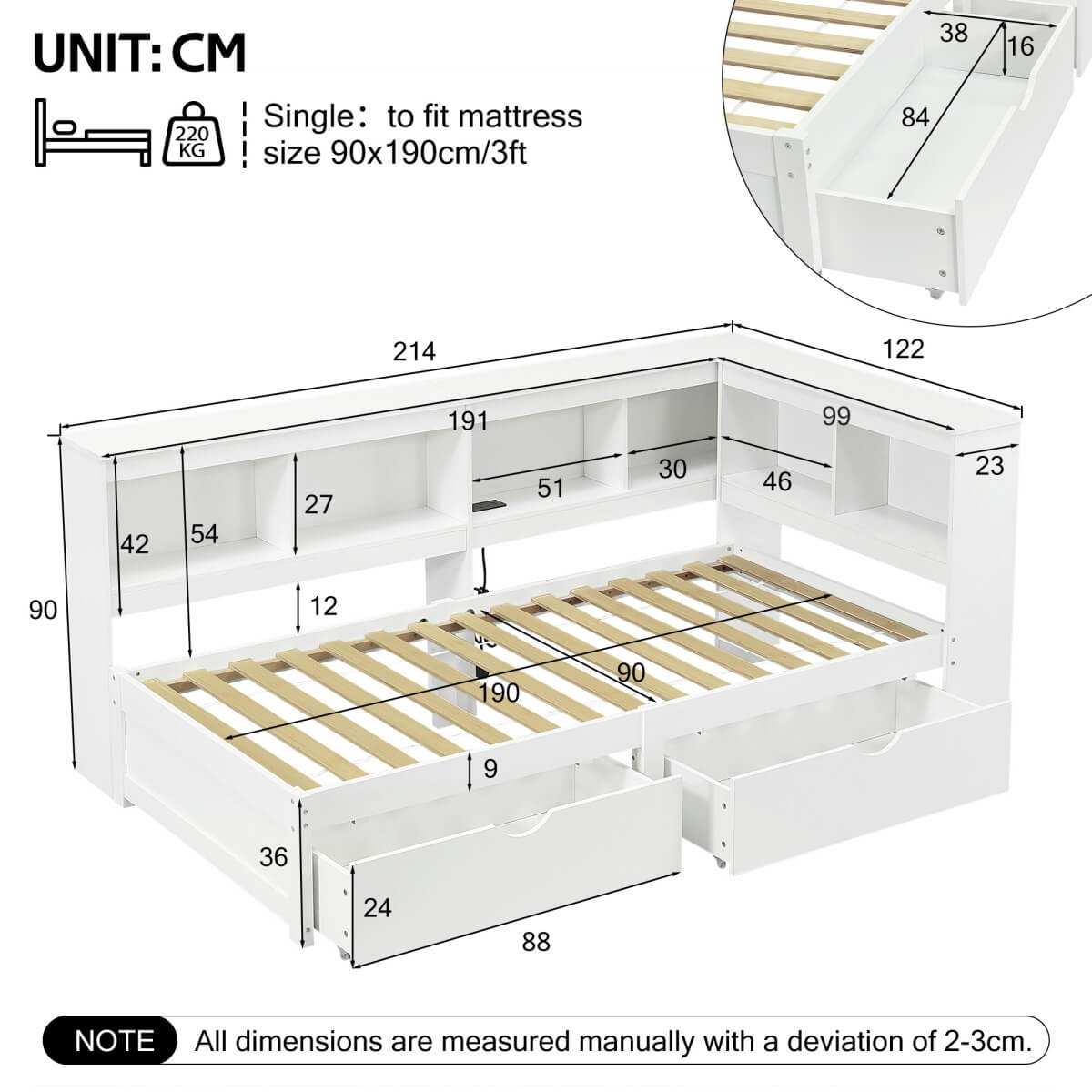 3ft Single L-Shape Daybed with 2 Storage Drawers & Bookcase - Modern Wooden Bed Frame with Charging Station, White