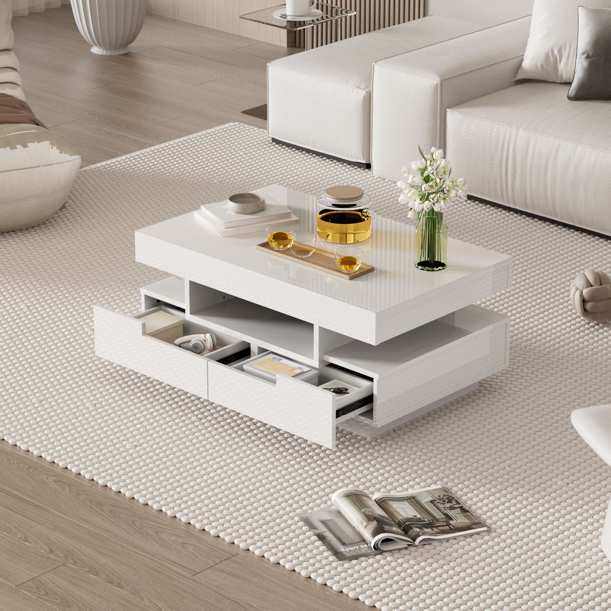 Coffee Table, High-Gloss, LED Light, Four Drawers, Large Storage