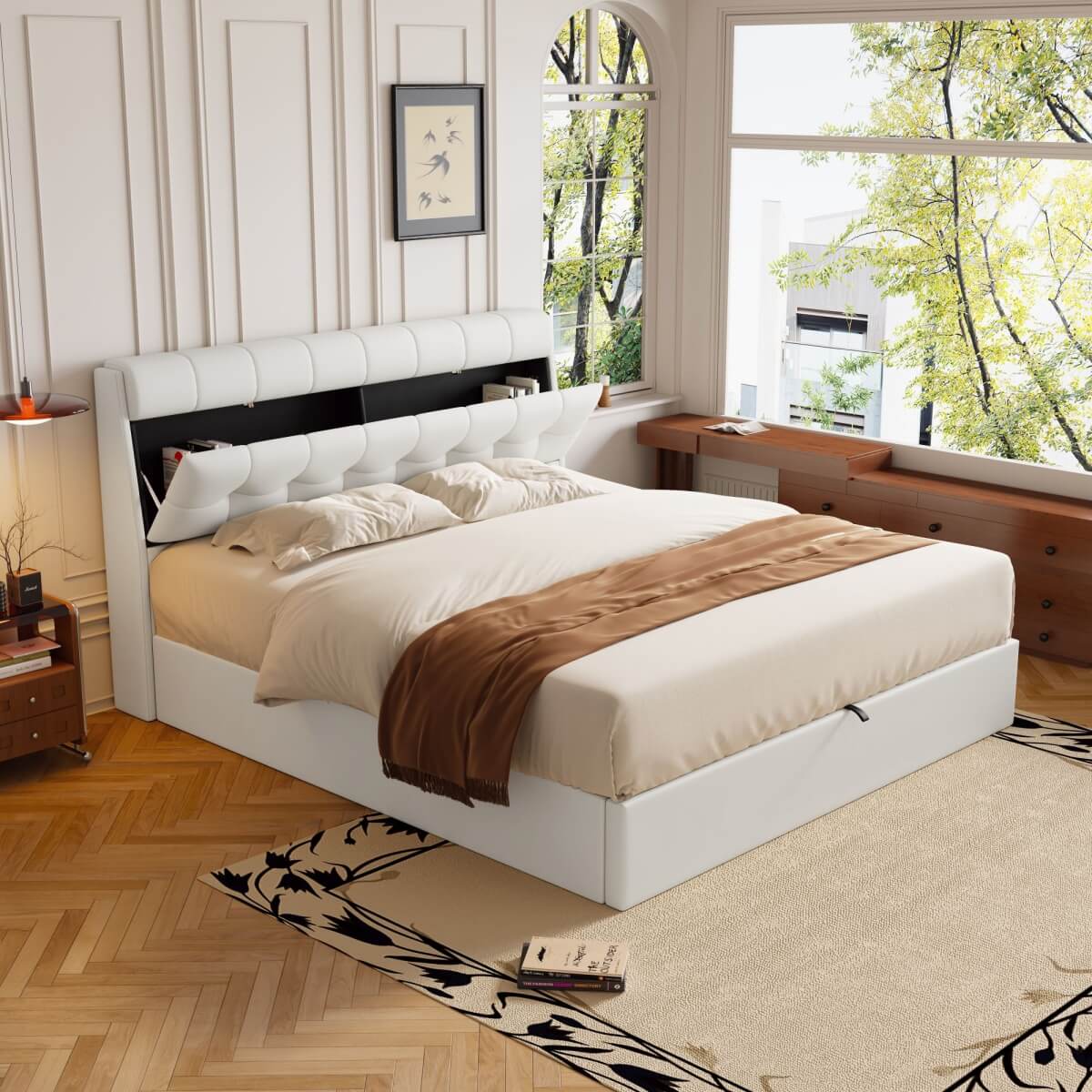 5ft King Upholstered Ottoman Bed - Hydraulic Storage Bed with Concealed Headboard Storage, Cream White