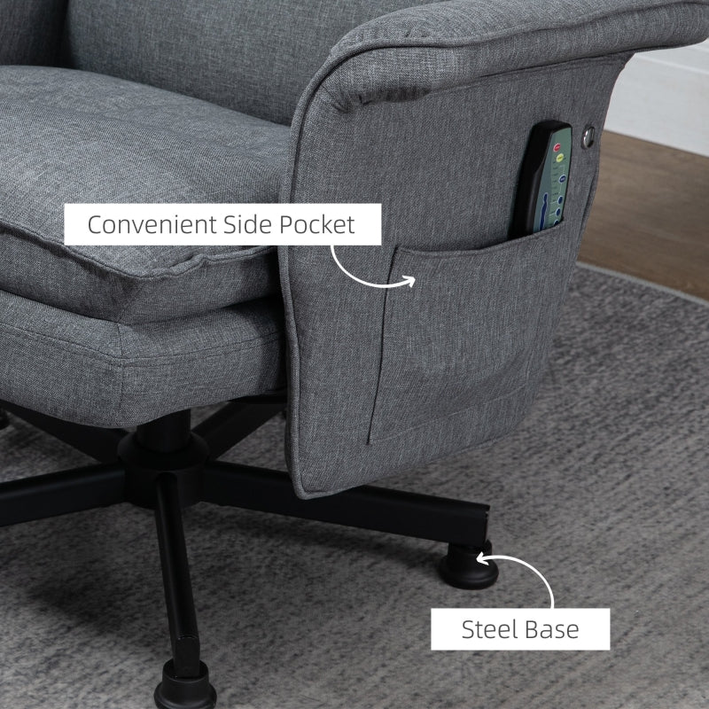 Swivel Recliner Chair and Footstool with Massage, Timer, Steel Base, Upholstered Grey