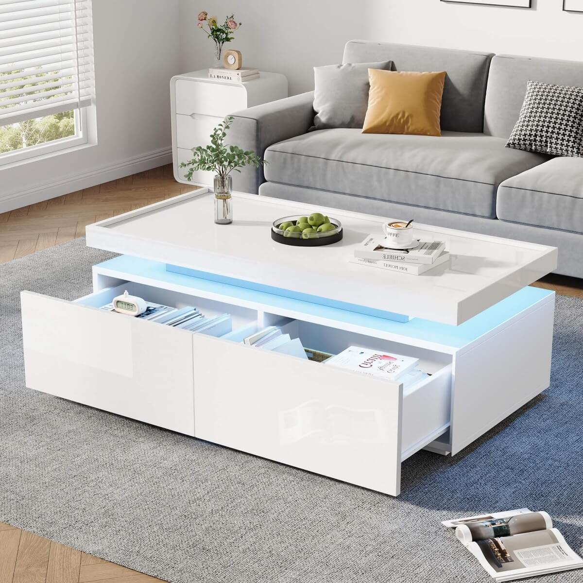 High Gloss Coffee Table with LED Lights - Modern White Storage Table with 2 Drawers