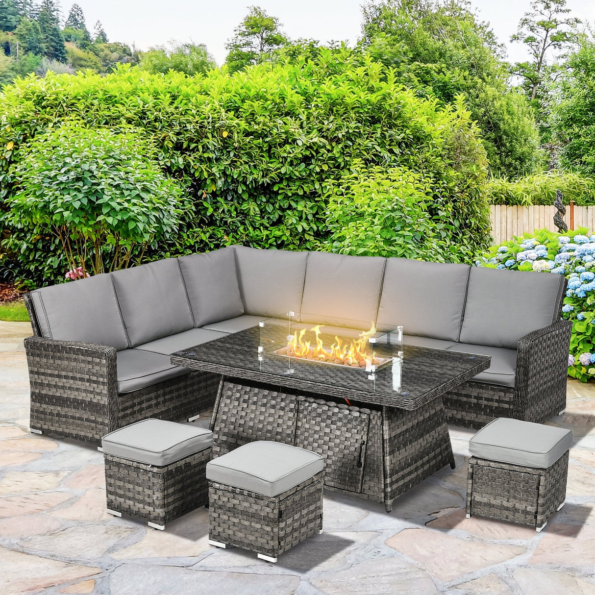 Seven-Piece Firepit Table Rattan Sofa Set - Grey