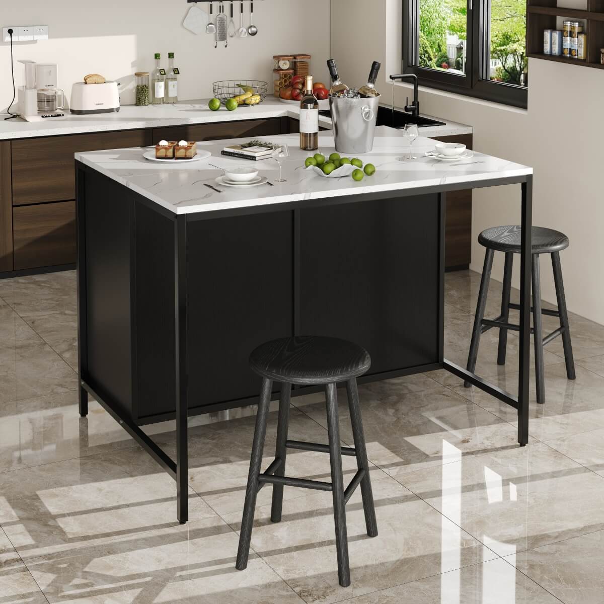 Standing Desk Bar Table - Modern Marble Effect Counter Height Table for Kitchen & Dining Room, Black