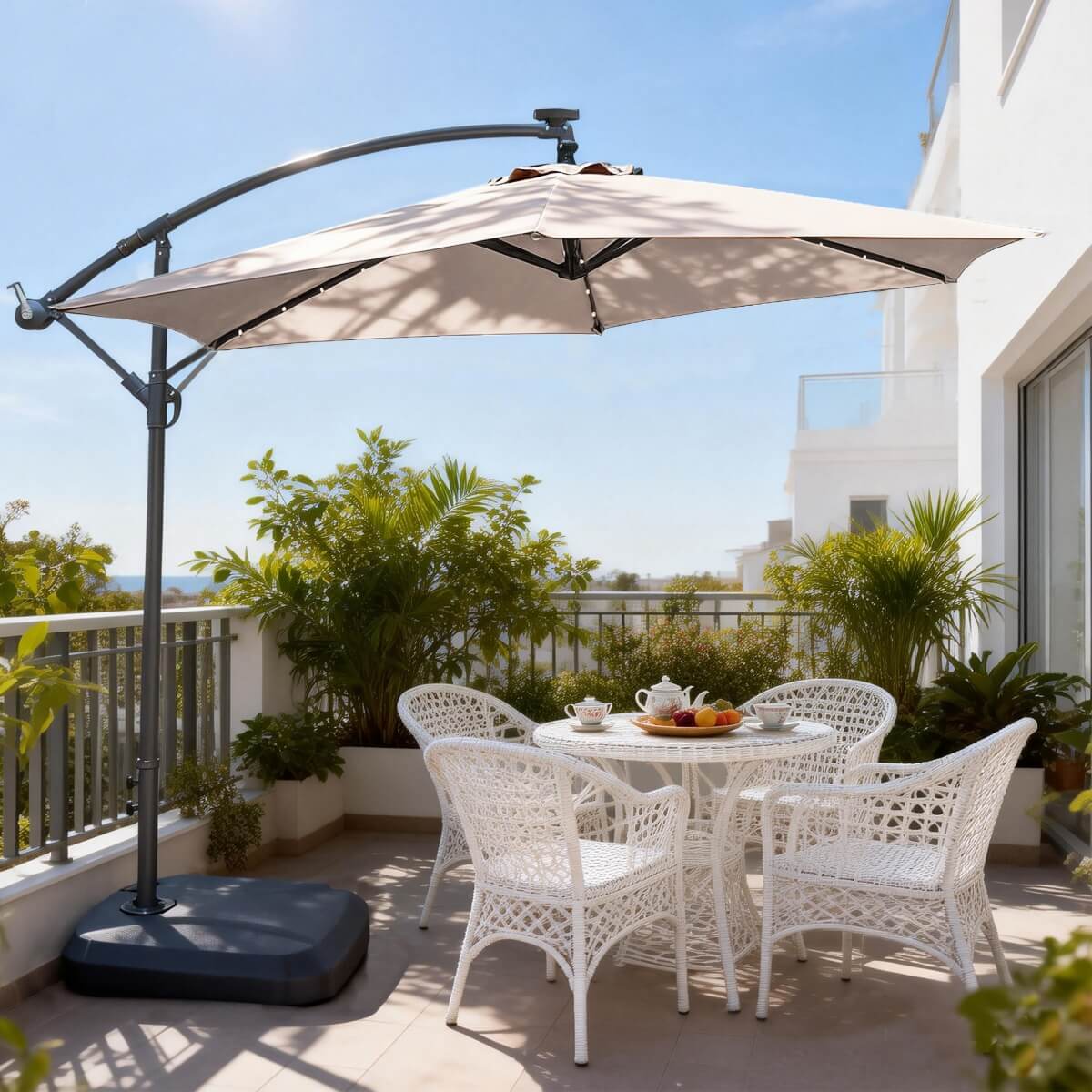 Banana-Style Outdoor Parasol with LED – 8-Rib Patio Umbrella with PA-Coated Canopy