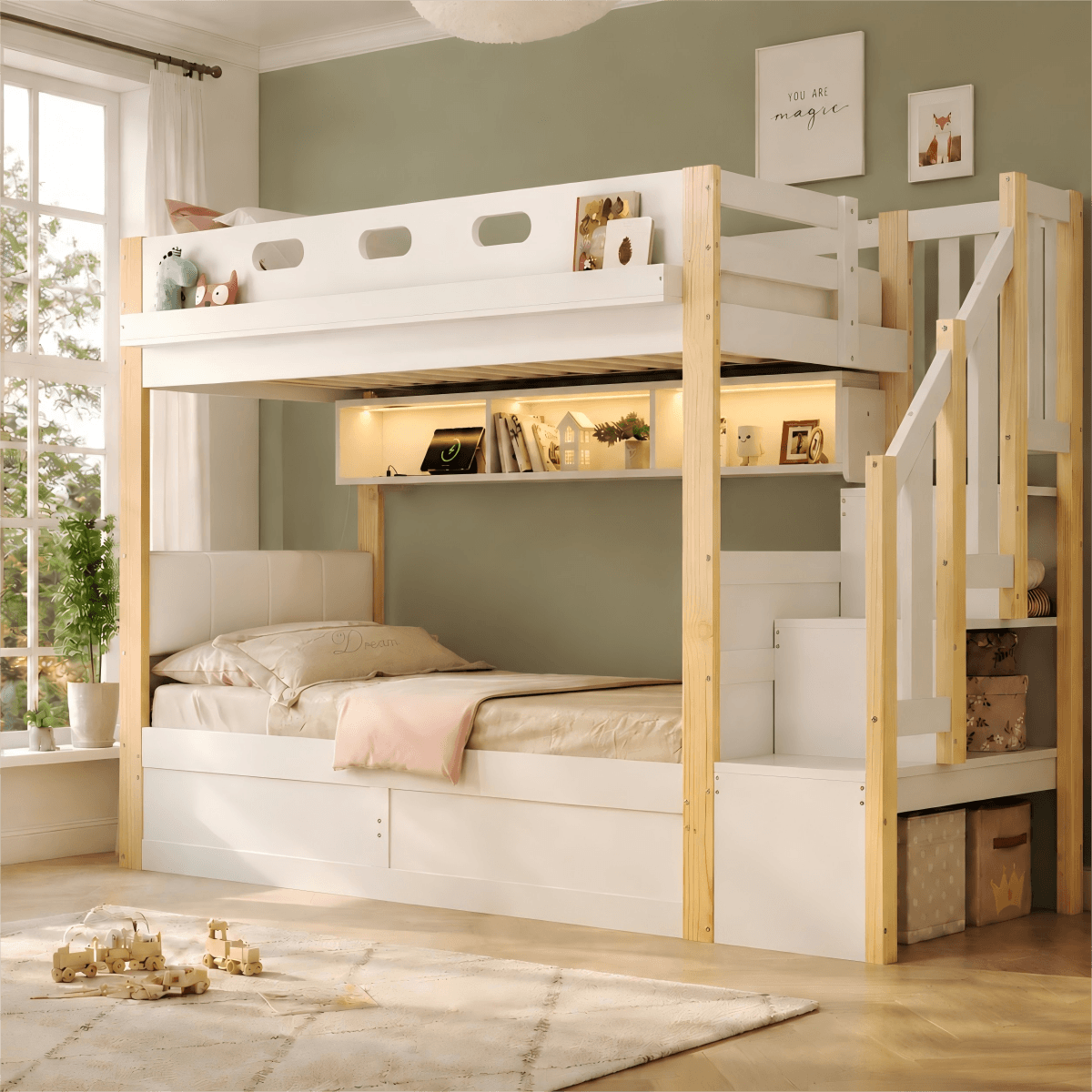 3ft Single Wooden Bunk Bed with Hydraulic Lower Bed - Solid Wood Kids Bed with Storage Stairs, LED Lights and USB Charging, White and Natural