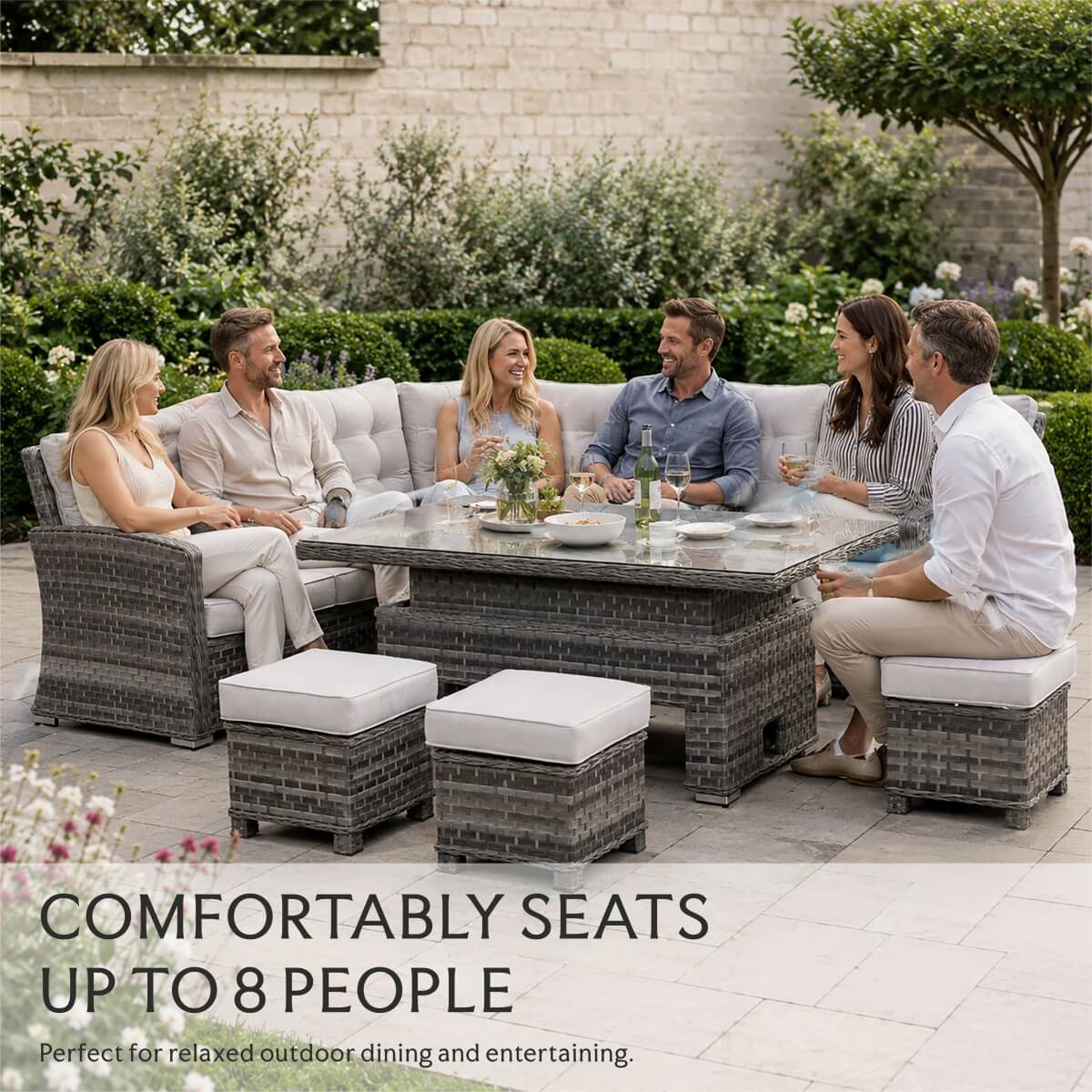 9-Seater Outdoor Corner Sofa Set - Garden Rattan Corner Sofa with Rectangular Lift-Top Table & Footstools