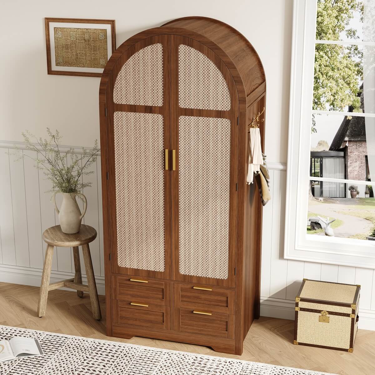 Modern Wardrobe with Curved Doors - Bedroom Storage Cabinet with Hanging Rail and Drawers, Walnut