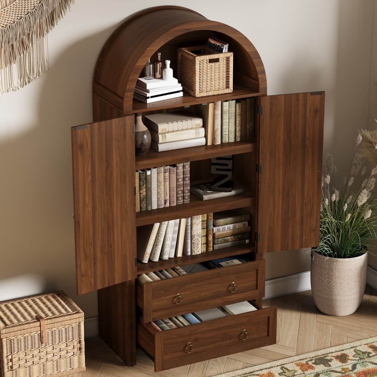 Rattan Effect Sideboard with 2 Drawers - Vintage Storage Cabinet with Arched Design for Living Room and Bedroom, Walnut
