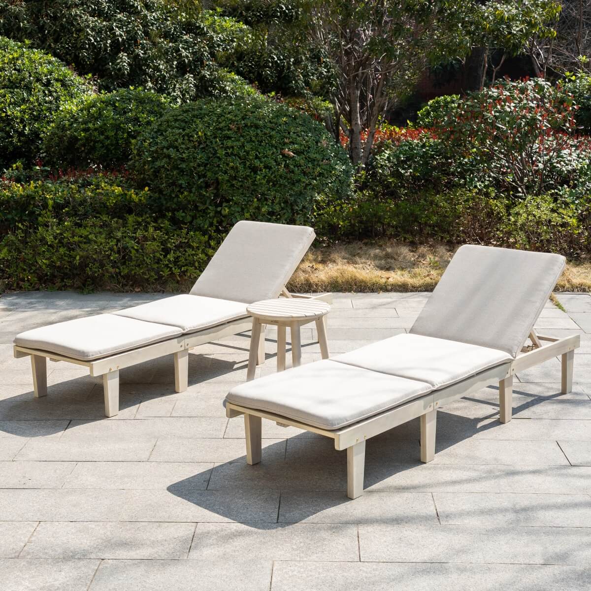 Outdoor Solid Wood Sun Lounger Set - 2 Adjustable Backrest Loungers with Round Side Table